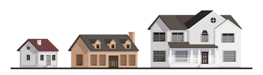 Country houses set. Cute simple cartoon design. Wooden huts. Flat style vector illustration.