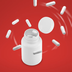 3D White can with vitamins. Bottle with white pills. 3d render capsules. 3D image. 3D model