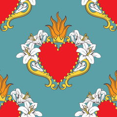 Seamless damask pattern with beautiful ornamental red hearts with lilies,flame, crown. Vector illustration