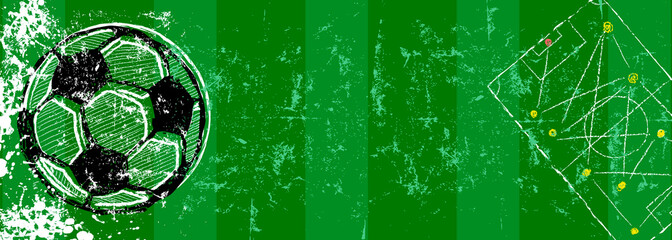 grunge soccer or football mock up with soccer ball and strategy scribble,design template, banner, free copy space, vector © Thomas Bethge