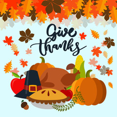 Vector Illustration of a Happy Thanksgiving Celebration Design with Cartoon Turkey and Autumn Leaves.