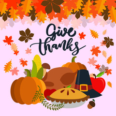 Vector Illustration of a Happy Thanksgiving Celebration Design with Cartoon Turkey and Autumn Leaves.