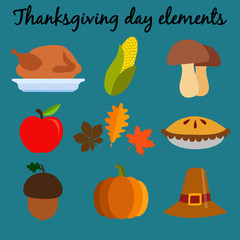 Hand drawn doodle thanksgiving and Autumn icons set. Vector illustration. Fall symbols collection.