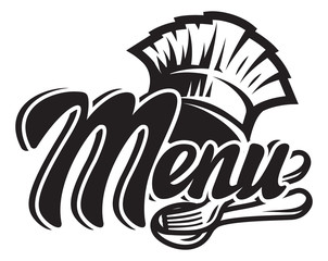 Vector monochrome template for a menu with a chef s hat, fork, spoon