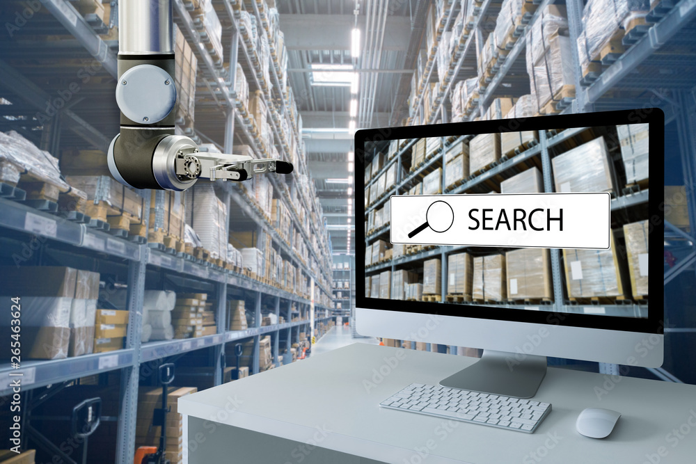 Aufkleber Computer with robotic arm in warehouse store stock.