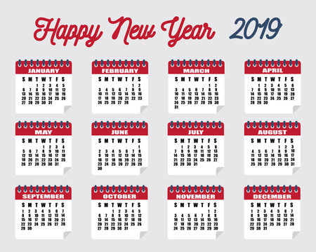 Calendar 2019 year. Vertical calender simple design template.
