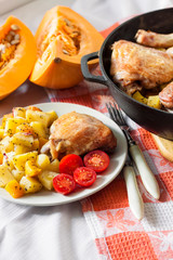 One-pot meal - chicken thighs and legs with potatoes and pumpkin