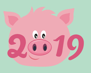 Vector illustration, Happy New Year 2019 funny card design with cartoon pigs face.