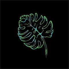 Neon painting leaf monstera. Graphic drawing of a flower.