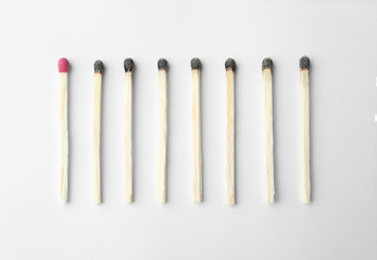 Row of burnt matches and whole one on white background, top view. Uniqueness concept