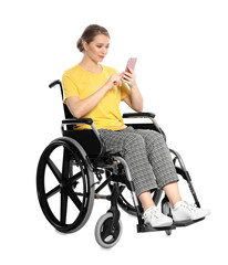 Woman in wheelchair with mobile phone isolated on white