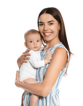 Portrait of happy mother with her baby isolated on white