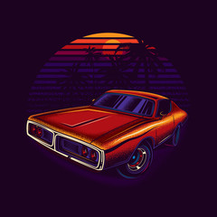 Naklejka na ściany i meble Original vector illustration of a car on the beach against the sunset and palm trees