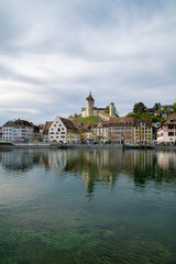 Fototapeta na wymiar Munot castle and Rhine River with Schaffhausen cityscape view