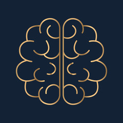 Brain icon flat. Simple gold pictogram on dark background. Vector illustration.