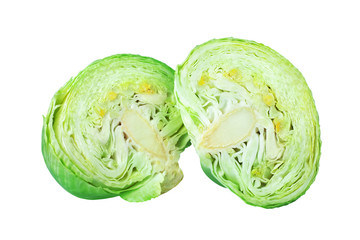 Two green leafy cabbage halves on white background isolated close up, cutted pieces of ripe white cabbage head, fresh sliced vegetable design element, organic product illustration, studio shot