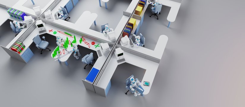 Robots working in the office with multiple additional elements and free side spot.