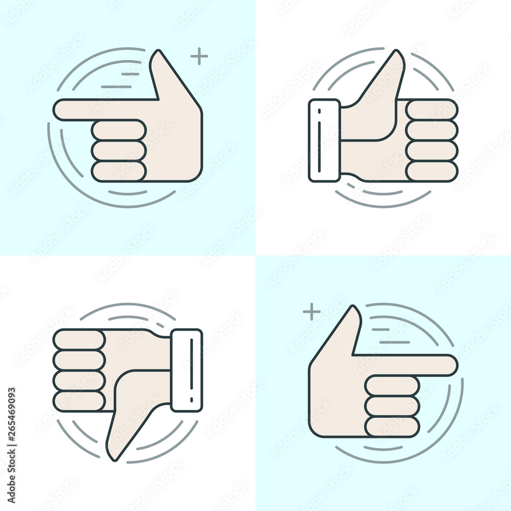 Poster flat line icons set. thin linear stroke vector icons hands, thumbs up or like icon, finger pointing 