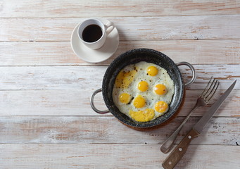 Fried quail eggs in a pan for breakfast. Healthy organic food