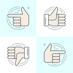 Flat line icons set. Thin linear stroke vector icons Hands, Thumbs up or like icon, Finger pointing social media concept