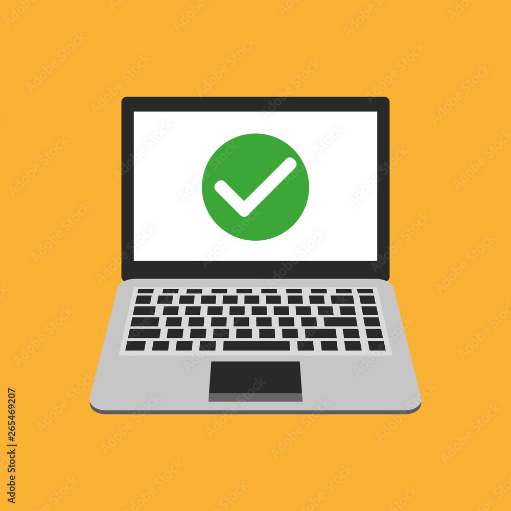 Poster laptop with checkmark or tick notification in bubble. approved choice. accept or approve checkmark. 