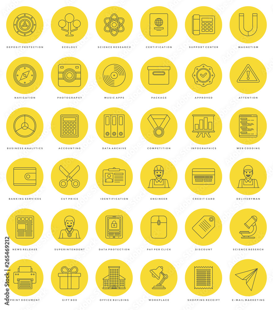 Poster flat line simple icons set. thin linear stroke vector icons essentials objects concept