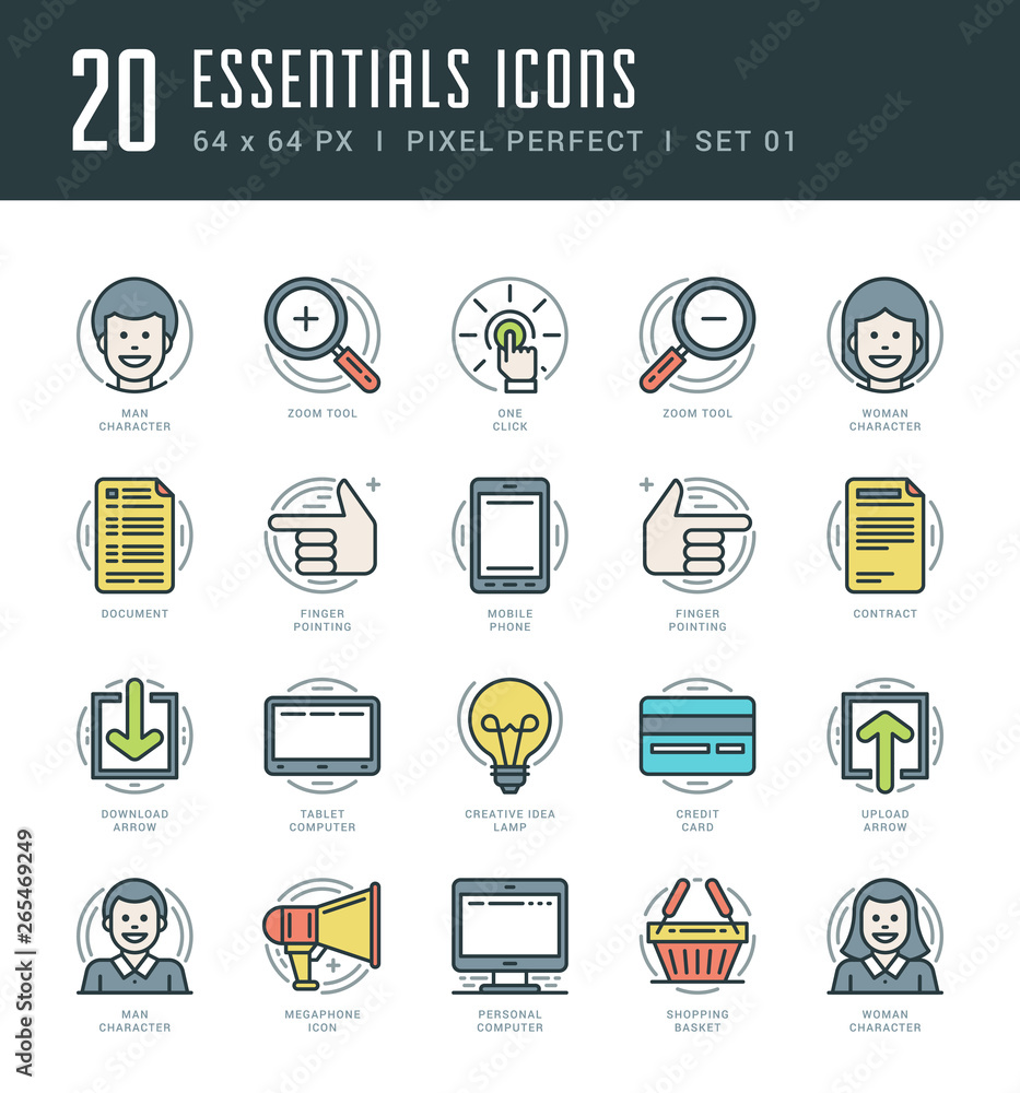 Poster flat line icons set. trendy modern thin linear stroke vector icons essentials objects concept