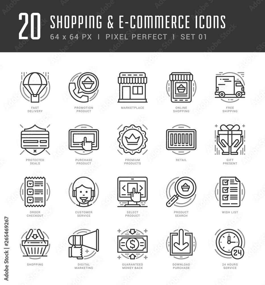 Poster flat line icons set. trendy modern thin linear stroke vector icons shopping and e-commerce concept.