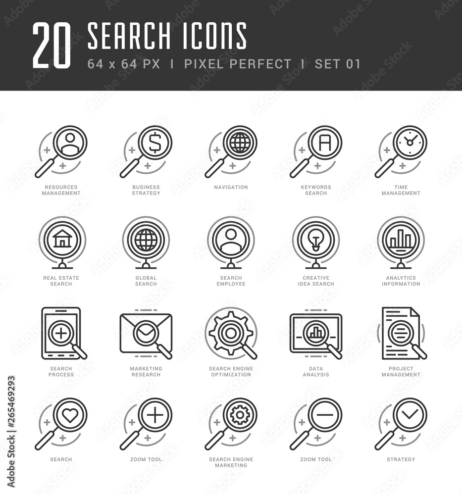 Poster flat line icons set. trendy modern thin linear stroke vector icons search engine concept