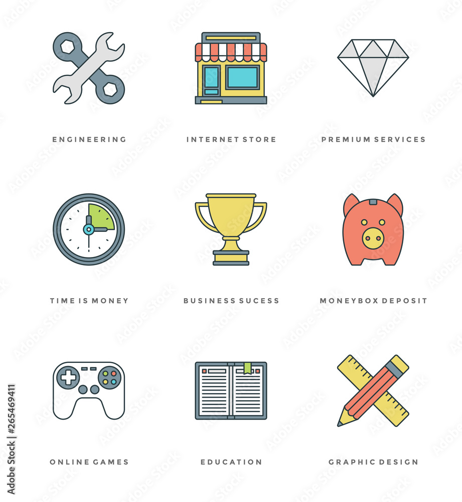 Poster flat line simple icons set. thin linear stroke vector essentials objects symbols.