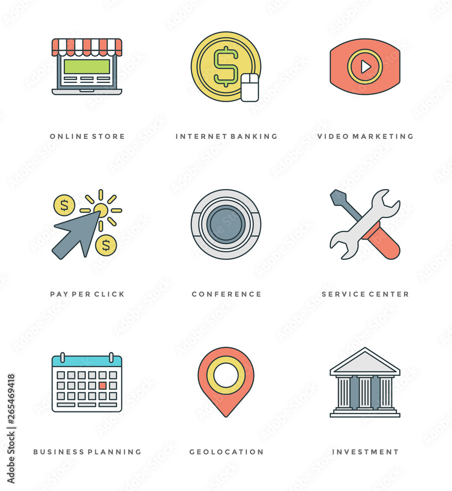 Poster flat line simple icons set. thin linear stroke vector essentials objects symbols.