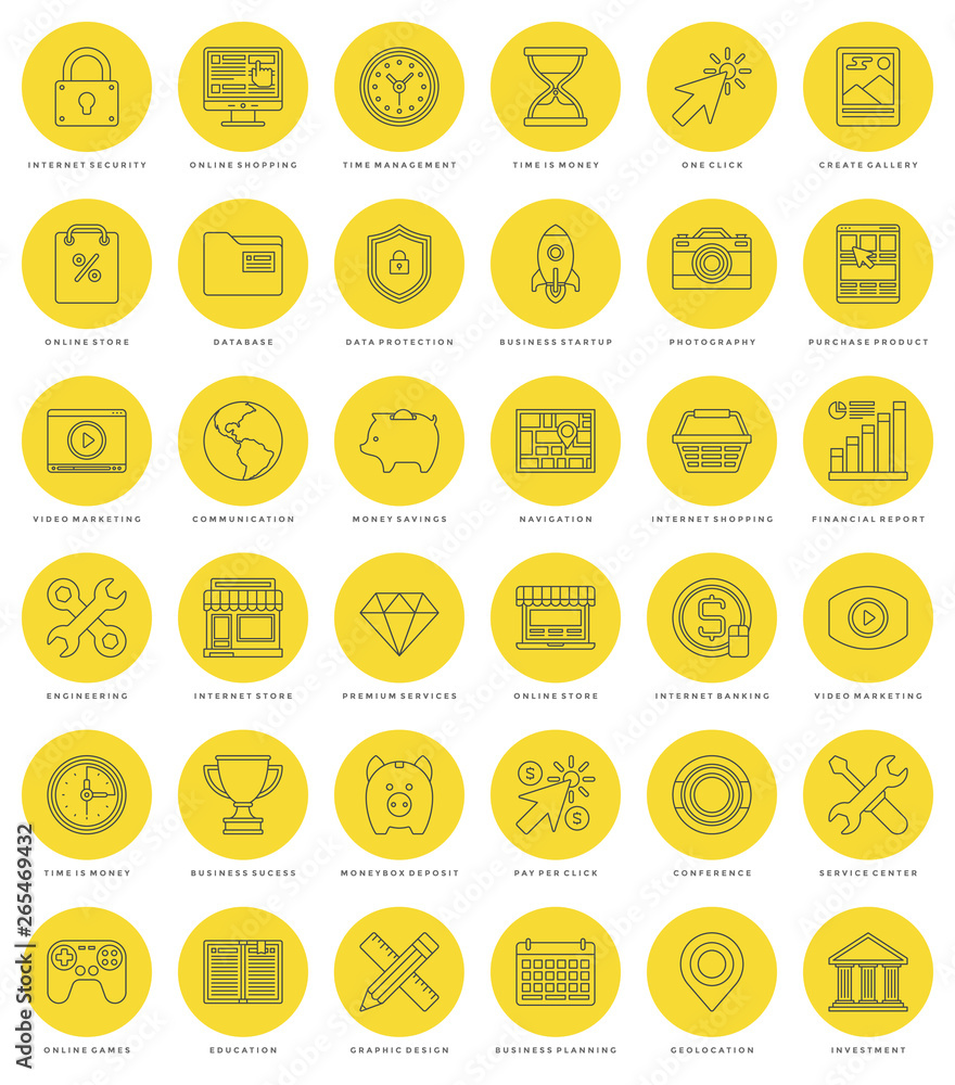 Poster flat line simple icons set. thin linear stroke vector essentials objects symbols.