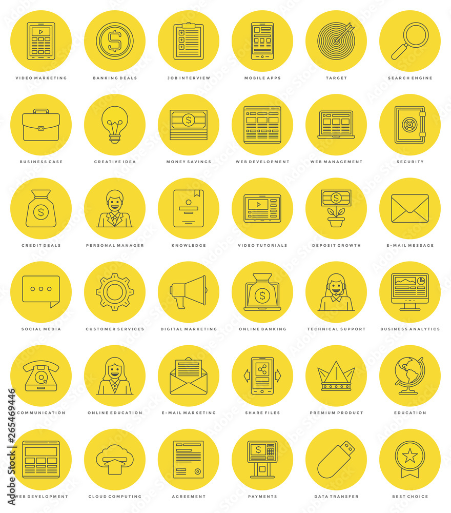 Poster flat line simple icons set. thin linear stroke vector essentials objects symbols.