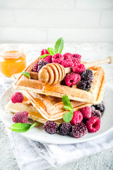 Belgian waffles with berries and honey