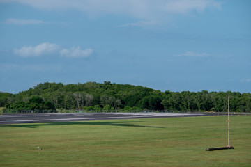 Plane black shadow on the grass green airport runway with the clear blue sky