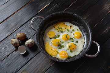 Fried quail eggs in a pan for breakfast. Healthy organic food
