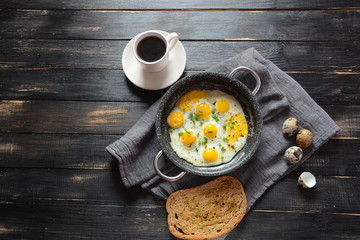 Fried quail eggs in a pan for breakfast. Healthy organic food
