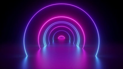 3d render, flight inside tunnel, neon light abstract background, round arcade, portal, rings, circles, virtual reality, ultraviolet spectrum, laser show, fashion podium, stage, floor reflection - Powered by Adobe