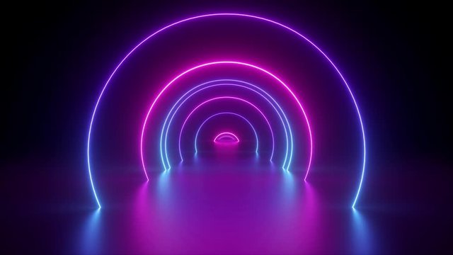 3d render, flight inside tunnel, neon light abstract background, round arcade, portal, rings, circles, virtual reality, ultraviolet spectrum, laser show, fashion podium, stage, floor reflection
