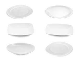 collection of ceramic white plate on white background