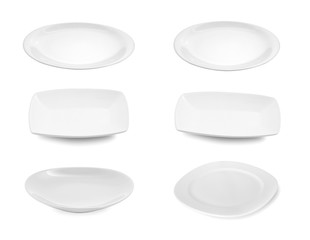 collection of ceramic white plate on white background