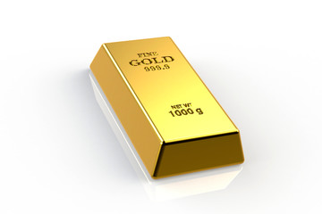 Bar of gold on a white background.  3d rendering, 3D illustration.