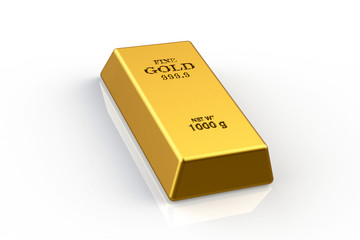 Bar of gold on a white background.  3d rendering, 3D illustration.