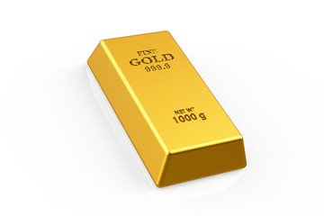 Bar of gold on a white background.  3d rendering, 3D illustration.