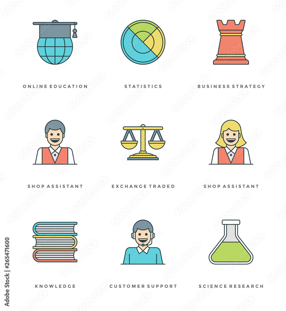 Poster flat line simple icons set. thin linear stroke vector essentials objects symbols