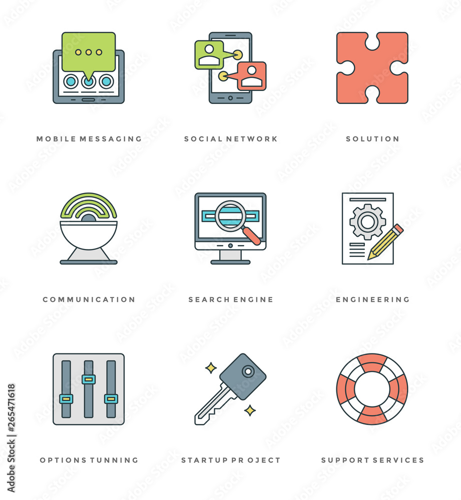 Poster flat line simple icons set. thin linear stroke vector essentials objects symbols