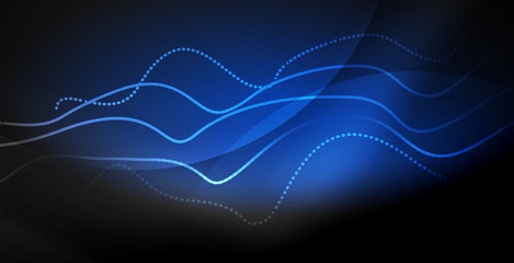 Glowing abstract wave on dark, shiny motion, magic space light. Techno abstract background