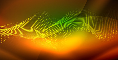 Glowing abstract wave on dark, shiny motion, magic space light. Techno abstract background