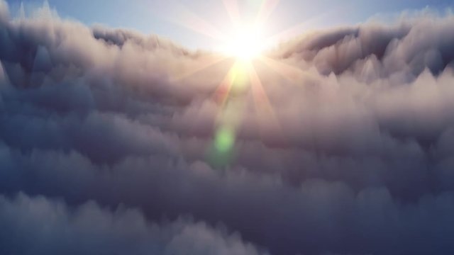 Flight above clouds at sunset. Weather and forecast concept.