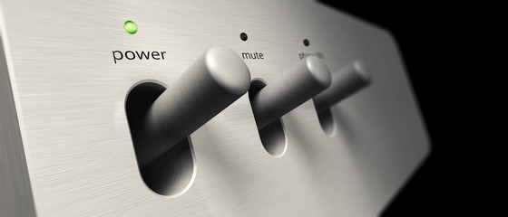 Sound system Hi-Fi amplifier front panel. Toggle switches on the aluminum panel. 3d illustration.